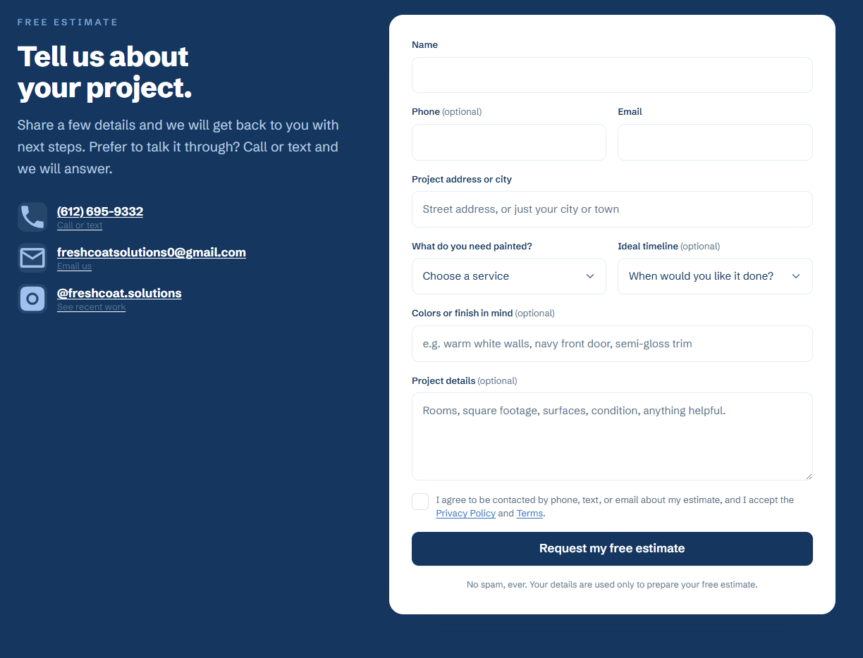 The Fresh Coat Solutions free estimate form on a navy background, with fields for name, phone, email, project address, service, timeline, colors, project details, a consent checkbox, and a Request my free estimate button