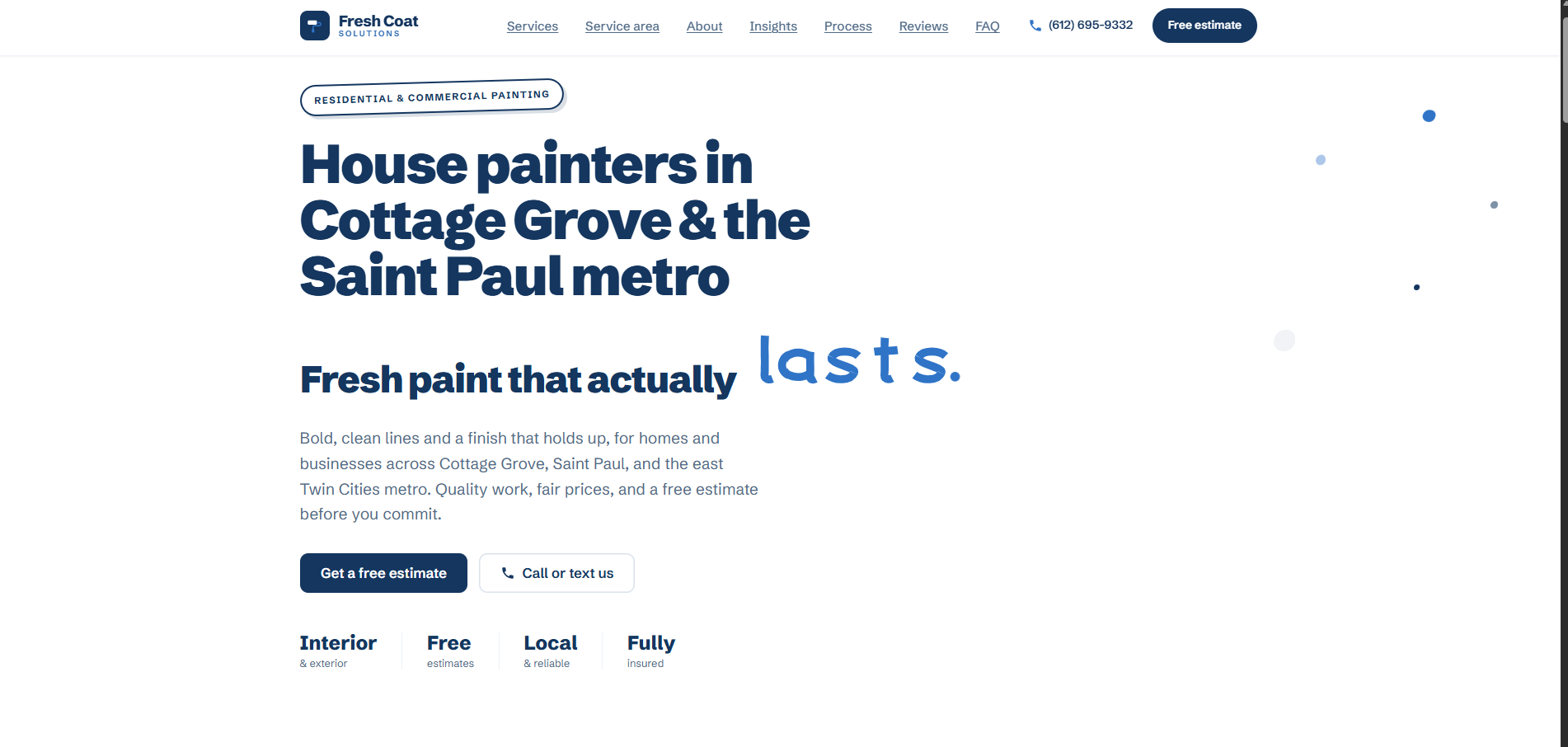 Fresh Coat Solutions homepage hero with the headline House painters in Cottage Grove and the Saint Paul metro