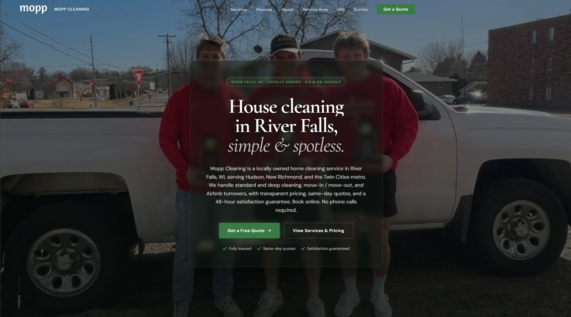 Mopp Cleaning homepage hero with the crew in front of a white pickup and the headline House cleaning in River Falls, simple and spotless