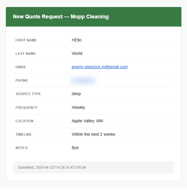 A New Quote Request email to Mopp Cleaning laying out a test submission as a table: name, email, phone, service type, frequency, location, timeline, notes, and a submitted timestamp