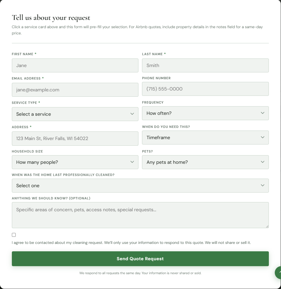 The Mopp Cleaning quote request form with fields for name, email, phone, service type, frequency, address, timeframe, household size, pets, notes, a consent checkbox, and a Send Quote Request button